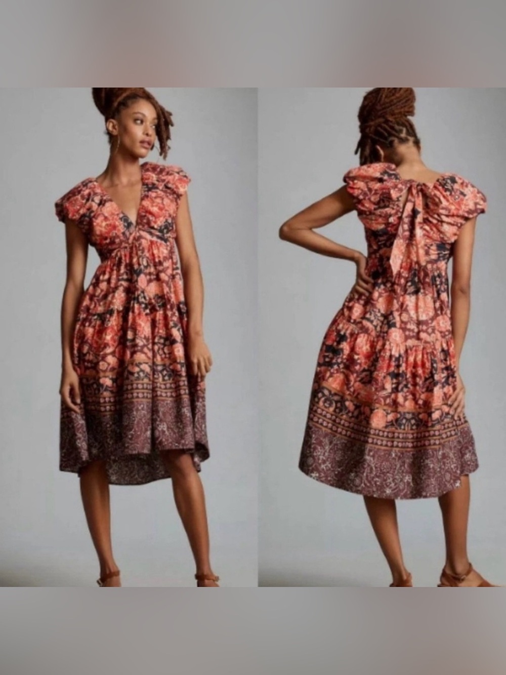 Anthropologie fall floral v-neck babydoll midi Dress Red Motif